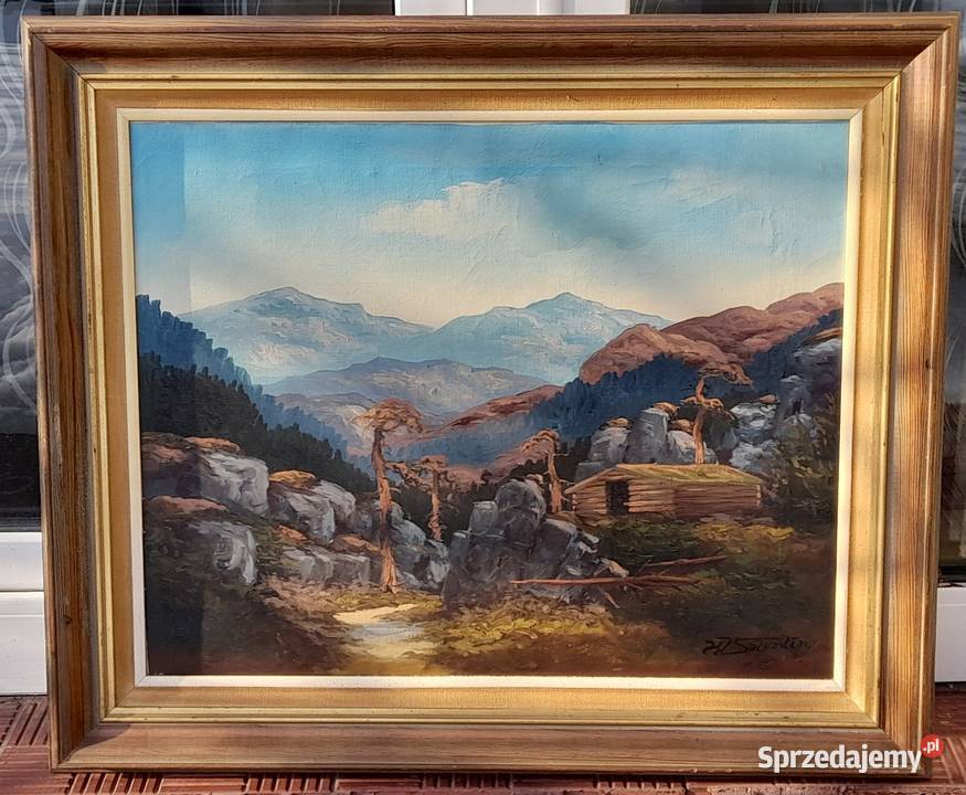 Pejzaż z widokiem na góry piękny obraz olejny mazowieckie Iłża