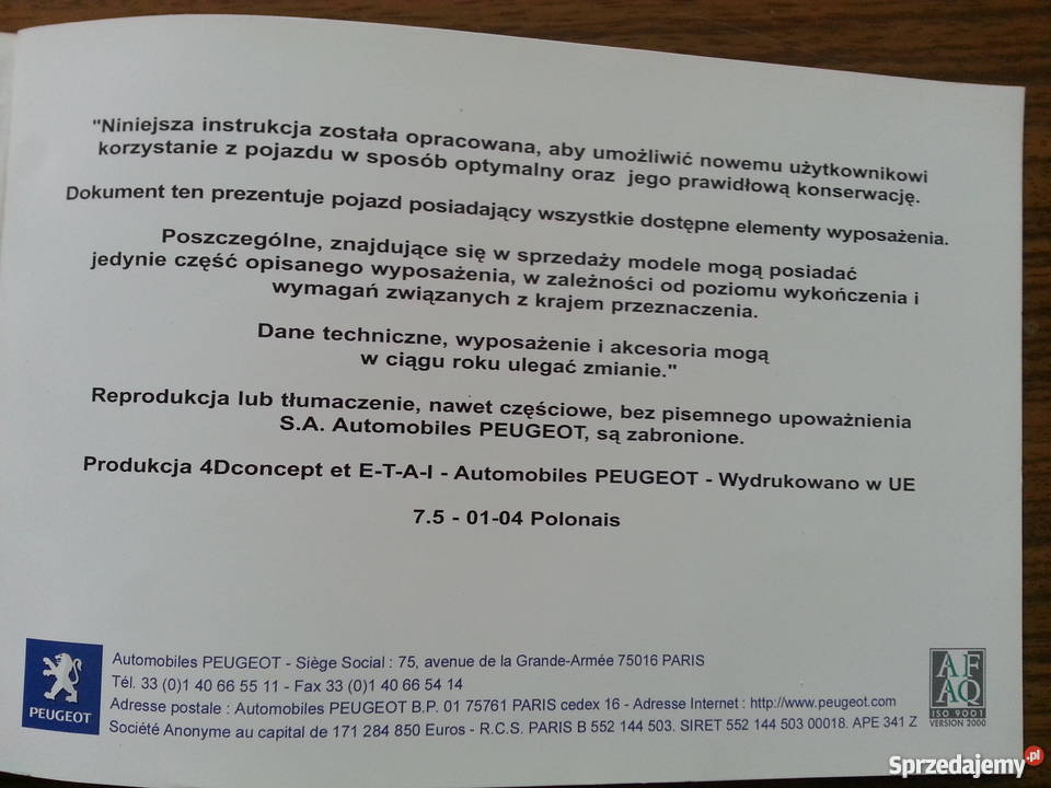 Instrukcje obsługi Peugeot 307 SW produkcja do warmińsko-mazurskie