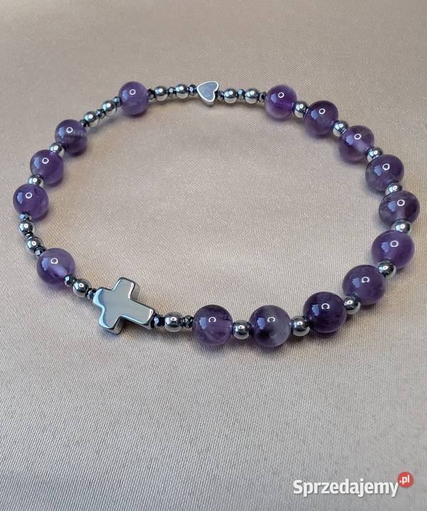 Bransoletka różaniec kamienie ametyst krzyżyk Łowicz