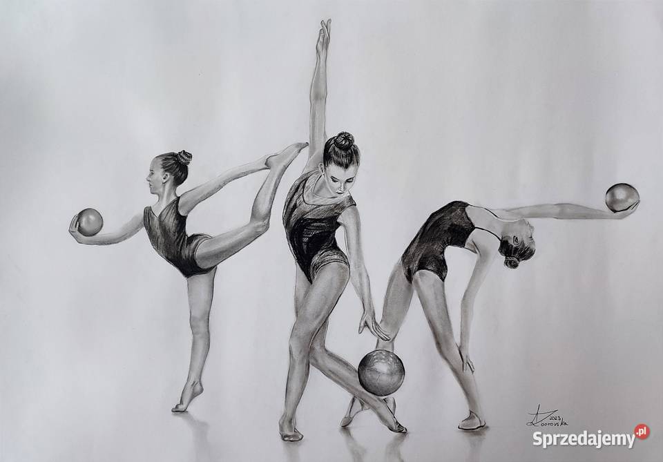 Rysunek węglem na papierze trzy aktobatki mazowieckie Płock