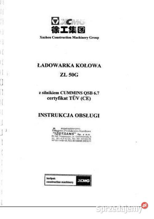 XCMG ZL50G Instrukcja obsługi DTR polsku wysyłka Kielce
