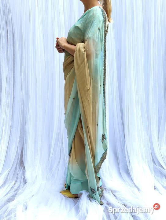 Piękne zdobione sari beż turkus koraliki saree zachodniopomorskie Szczecin