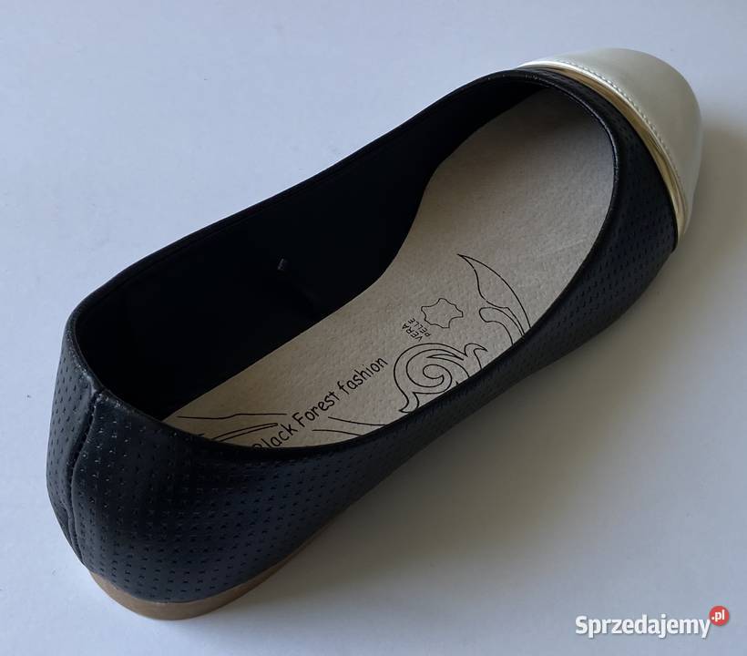 Czarne baleriny z białym czubkiem skórzana Balerinki Żyrardów sprzedam