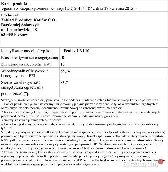 Kocioł co zasypowy węglowy na węgiel Feniks Uni Sosnowiec sprzedam