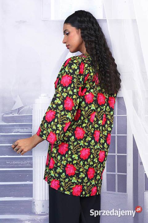 Czarna tunika folk XXL 44 bawełna kwiaty róże Szczecin