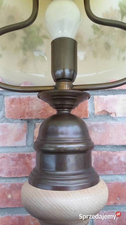 Lampka drewniana mosiężna metalowa ze szklanym Gawroniec