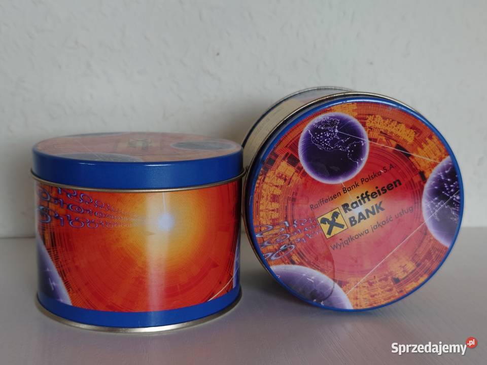 Kpl 2 puszki metalowe reklamowe logo Raiffeisen Warszawa