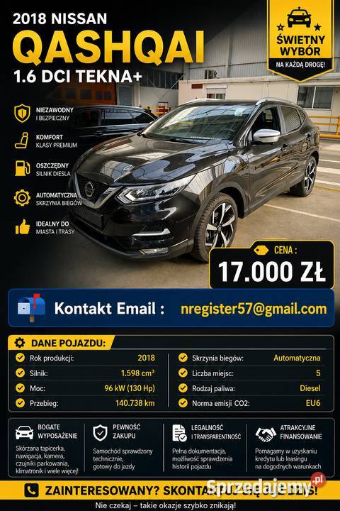 2018 Nissan Qashqai 16 DCI Tekna 140738km wielkopolskie Warszew