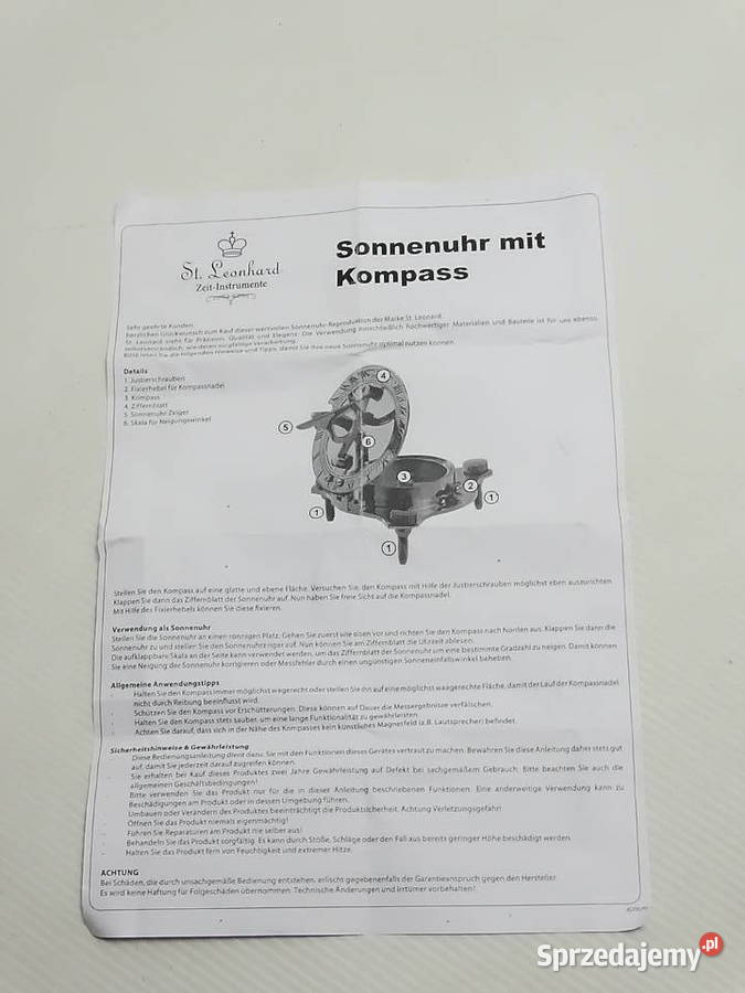 Mosiężny Zegar Słoneczny Z Kompasem St Leonhard Antyki lubelskie Biłgoraj