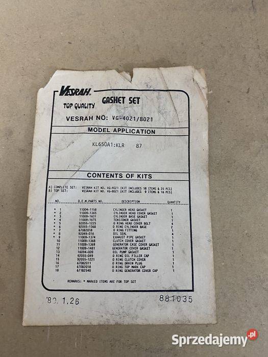 Kawasaki Kompletny Zestaw Uszczelek KL650 KL650 Poznań