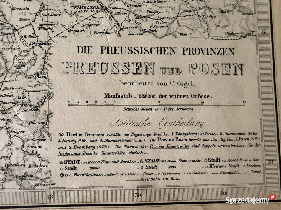 Stara mapa historyczna Polski 1869 Prusy Poznań