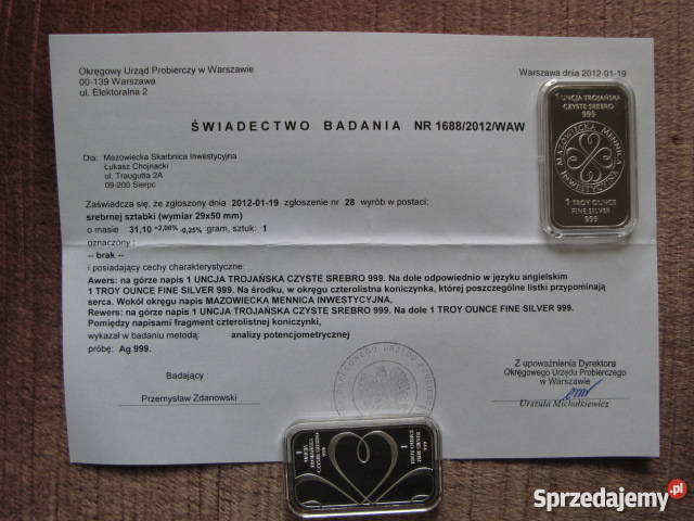 Sztabka srebrna 1 uncja 999 w kapslu z