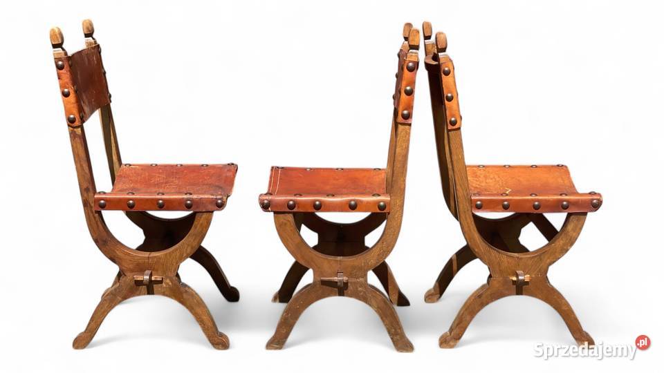 Zestaw 3 dębowych krzeseł vintage skóra Gryfice