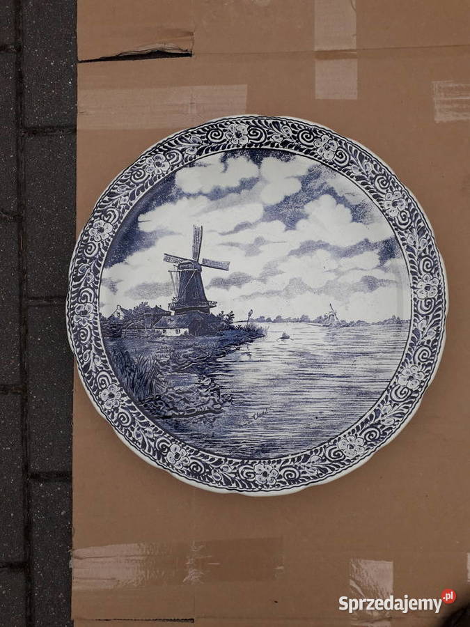 Duży talerz Boch Belgium w stylu Delft sygnowany Warszawa
