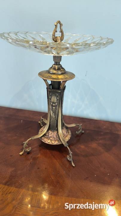 Piękna mosiężna patera z kryształowym szkłem Łódź sprzedam