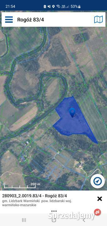 działka rolna z linią brzegową rzeki Łyny