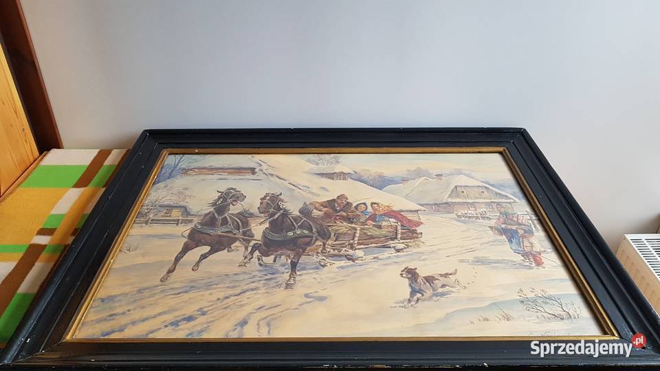 Stary duży obraz akwarela sygnowana Cz Dąbrowa Górnicza