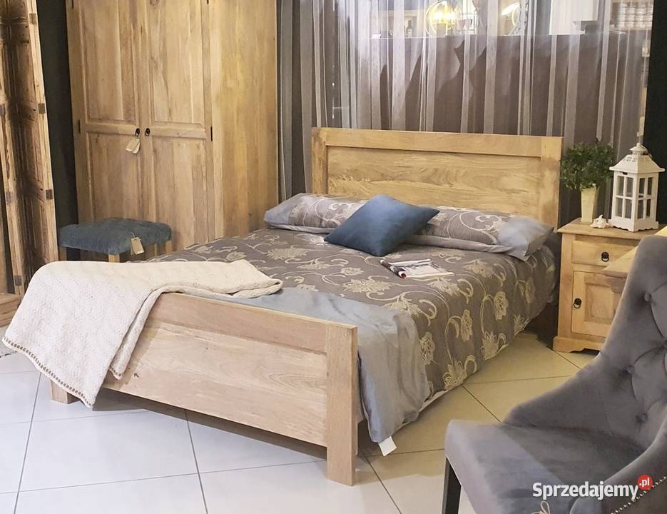Jasne proste łóżko drewniane mango ze stelażem 160x200