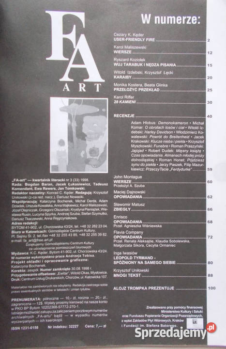 Faart kwartalnik literacki z 1998 roku numer 3 miękka Kraków
