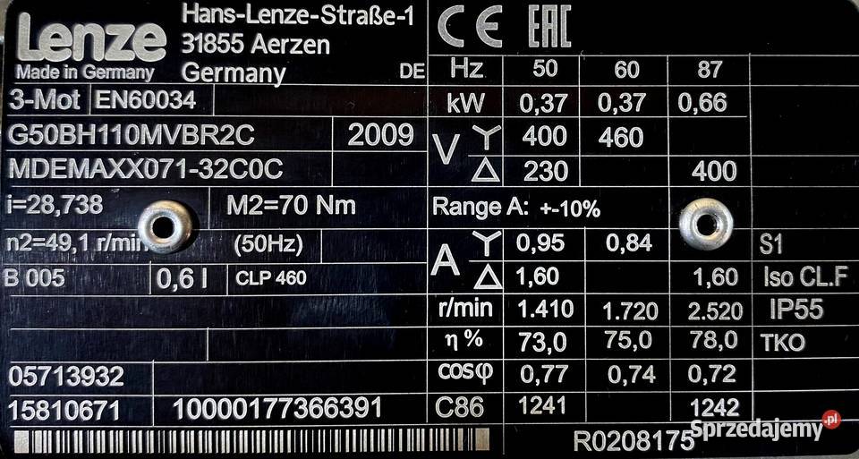 motoreduktor przekładnia 037kW 491obr 3fazowy Pigża