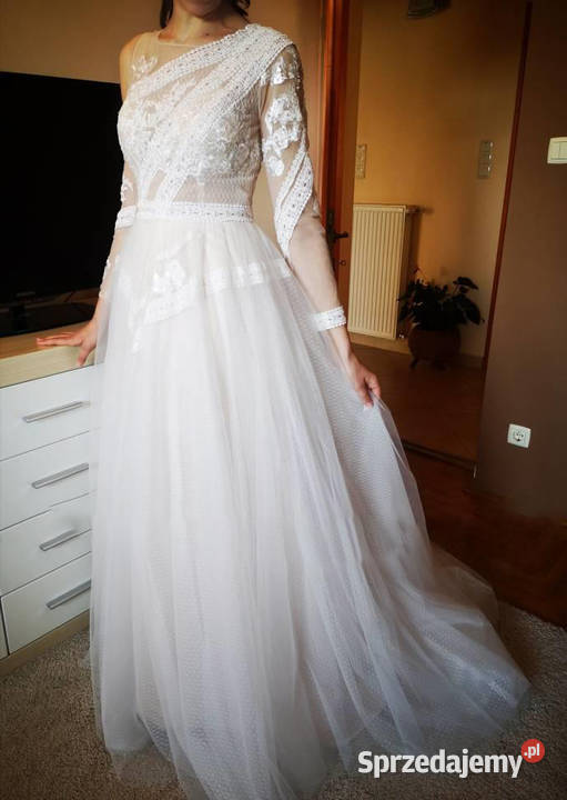 SUKNIA ŚLUBNA BOHO asymetryczna RĘKAWY 36 S 38 M Jelenia Góra