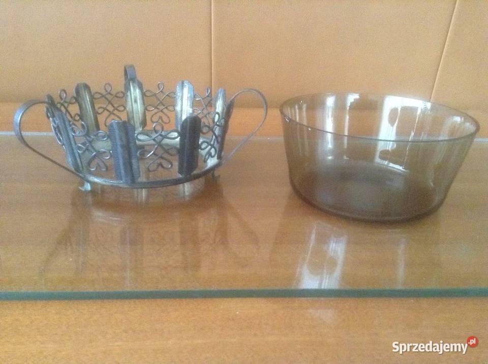 Stara cukiernica z metaloplastyki ze szklanym Porcelana i szkło opolskie