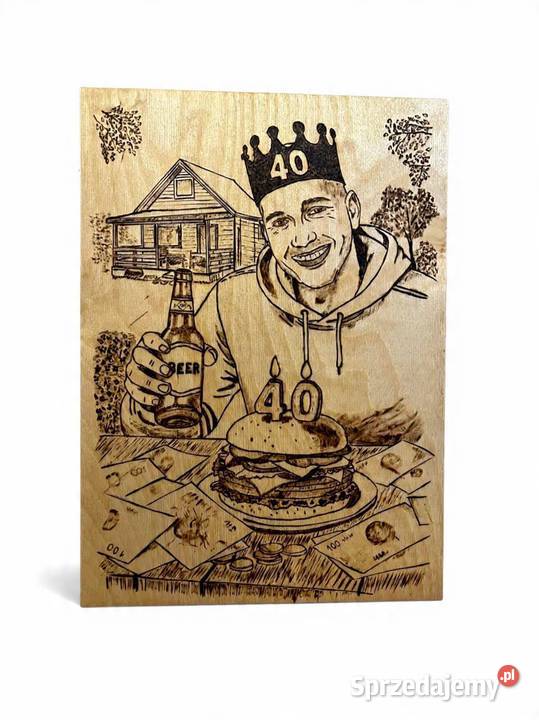 Portret obraz wypalany pirografia na desce Łomża