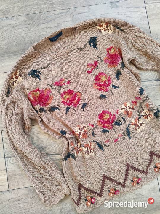 Piękny sweter beżowy Vintage Kwiaty Debenhams