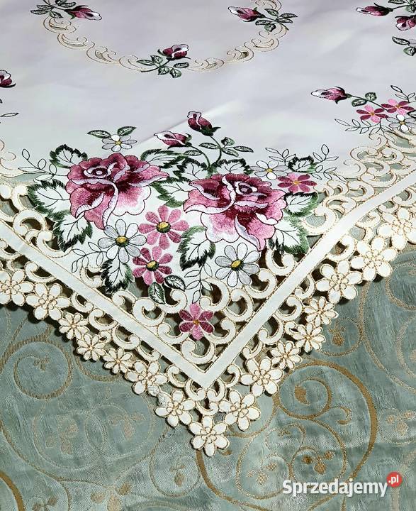 Se073 Haftowany Ażurowy obrus 85x85 beżowy Piaseczno sprzedam
