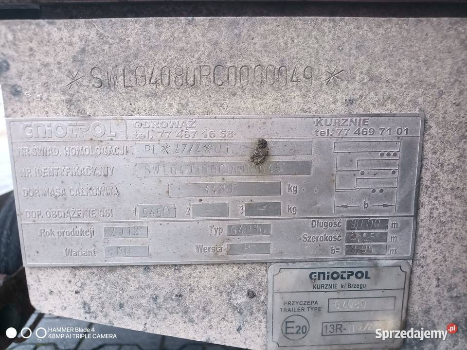Przyczepa Trailer typ E20 Gniotpol 765x255 Rzędowice