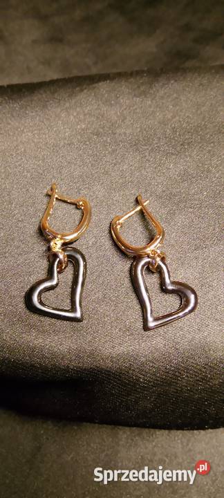 Kolczyki 585RG pozłacane czarne serduszka Bielawa