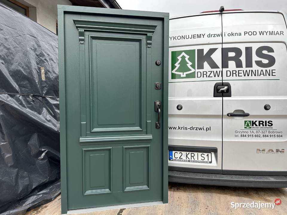 Drzwi zewnętrzne drewniane z klamką schlage NA Grzybno