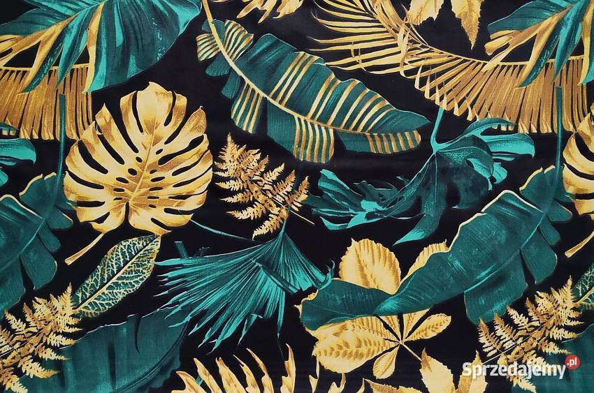 Tkanina liście monstery złote na czarnym Lublin