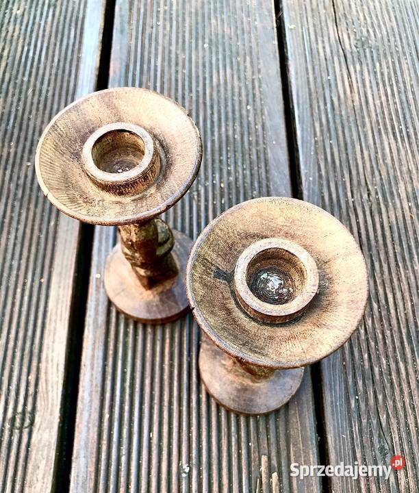 Dwa świeczniki z drewna egzotycznego rzeźba Myszków