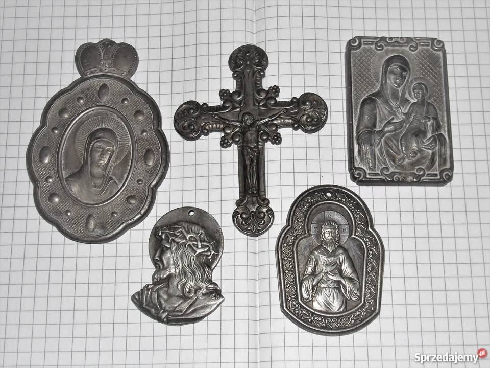 Ikony krzyż płaskorzeźby srebrne punce Rosja Pruszków