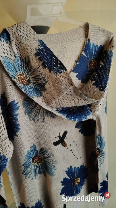 Sweterek damski beżowo niebieski drukowany Wkładane przez głowę  łódzkie