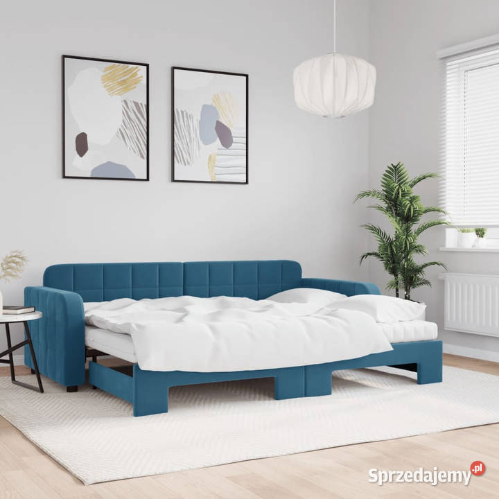 Sofa rozsuwana z materacami niebieska aksamit Warszawa