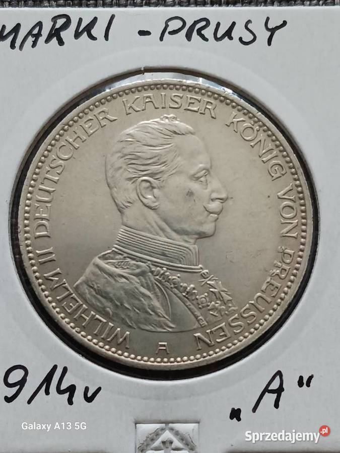 3 Marki Prusy Wilhelm II 1914 r men A Śliczny Numizmatyka wielkopolskie Konin