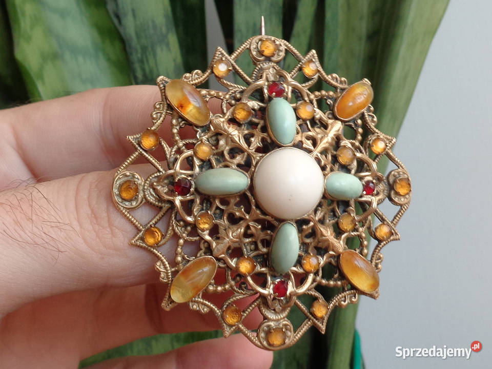 Stara broszka granaty korale bursztyny sprzedam