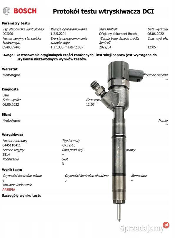 Wtryskiwacze KOMPLET 4 Bosch 0445110411 HYUNDAI Miszewo