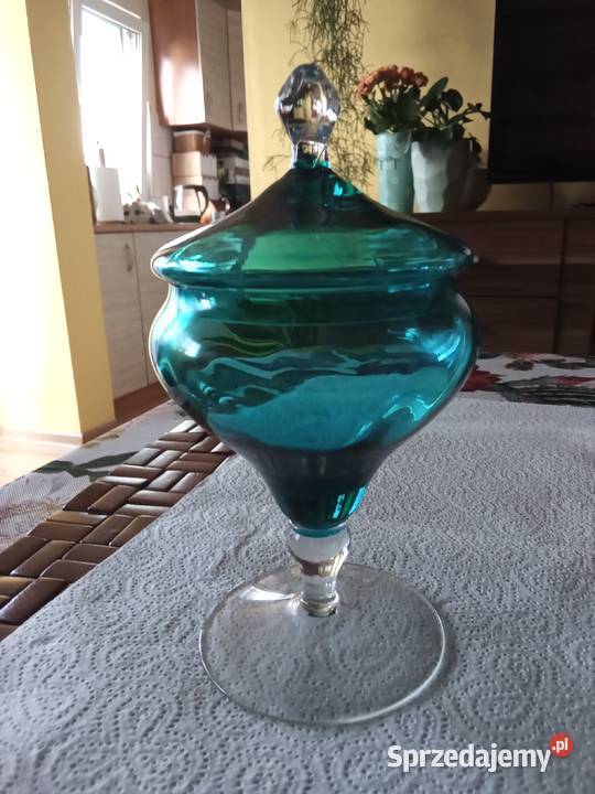 PRL bomboniera art deco szkło lazur Łódź