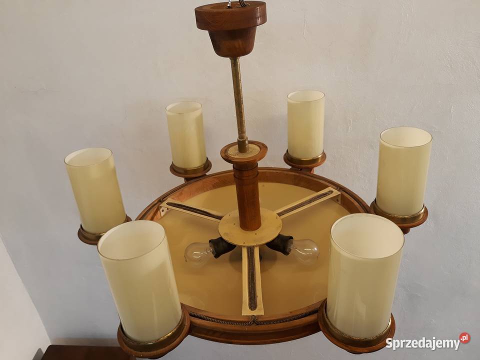 Żyrandol lampa drewniana mosiężna 6 szklanych Olkusz
