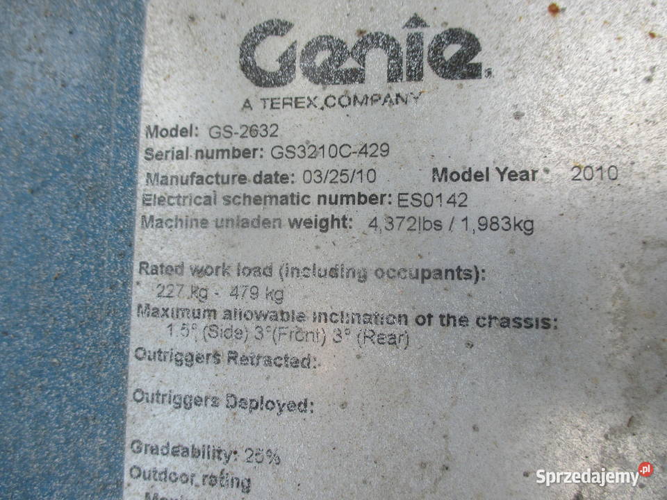 Podnośnik nożycowy zwyżka 10 m Genie GS2632 Dźwigi, podnośniki Pleszew sprzedam