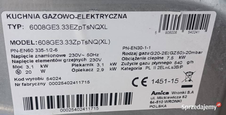 Kuchnia gazowoelektryczna Amica Używana Sprawna Śrem