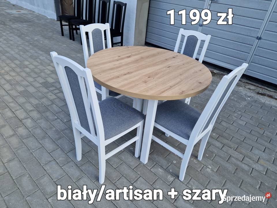 Nowe: Stół okrągły + 4 krzesła, biały/blat artisan ,transPL