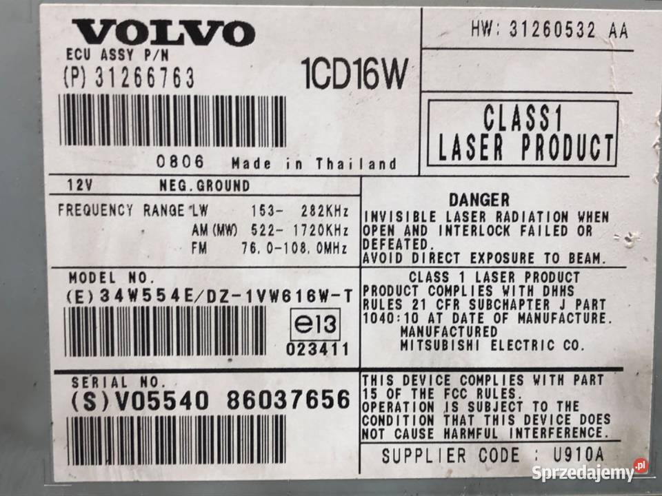 RADIO VOLVO V50 31266763 0312 ODTWARZACZ osobowe