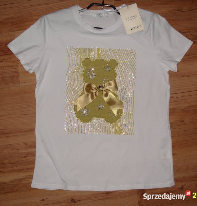 NOWY TSHIRT z Miśkiem kokarda cyrkonie r ML biały Rawicz sprzedam