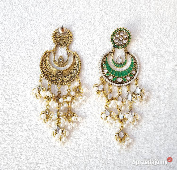 Długie kolczyki zielony złoty kolor indyjskie Szczecin sprzedam