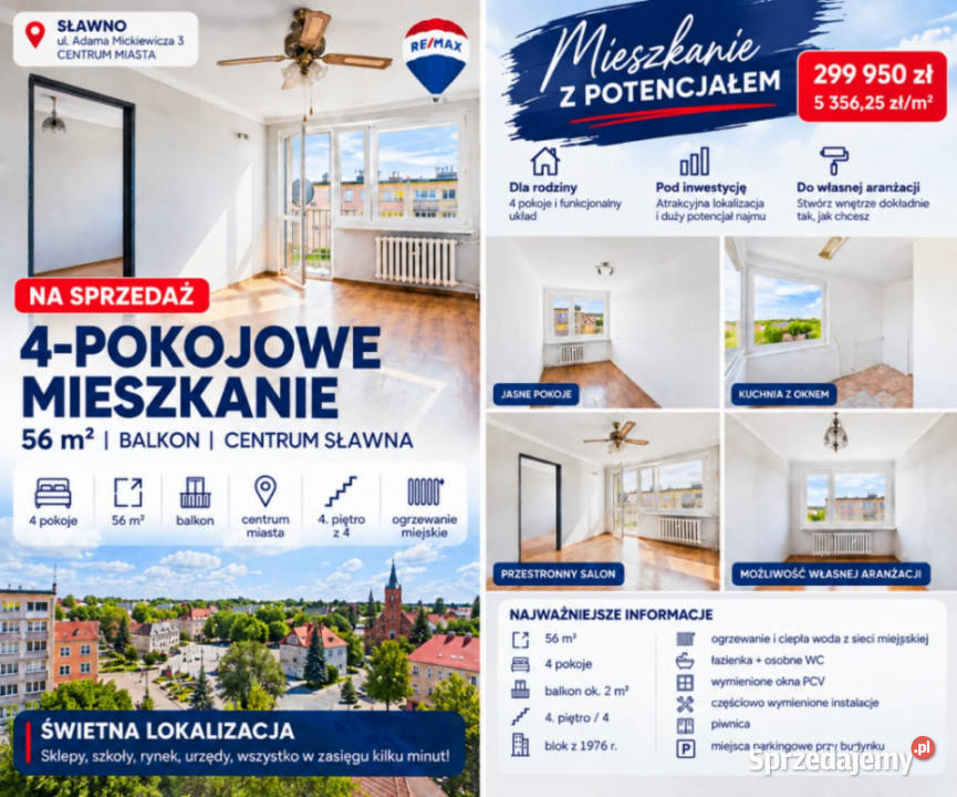 Słoneczne Mieszkanie 56 m Widok na miasto wielka płyta zachodniopomorskie Sławno sprzedam