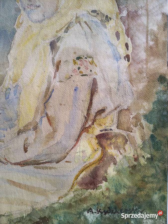 Wiejska dziewczynka stara akwarela Kartuzy sprzedam